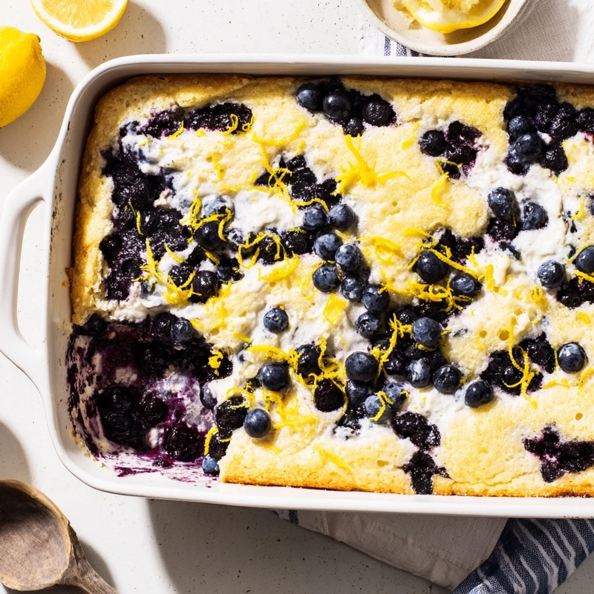 Bubbling 9x13 pan of lemon blueberry cheesecake dump cake fresh from the oven with golden buttery topping