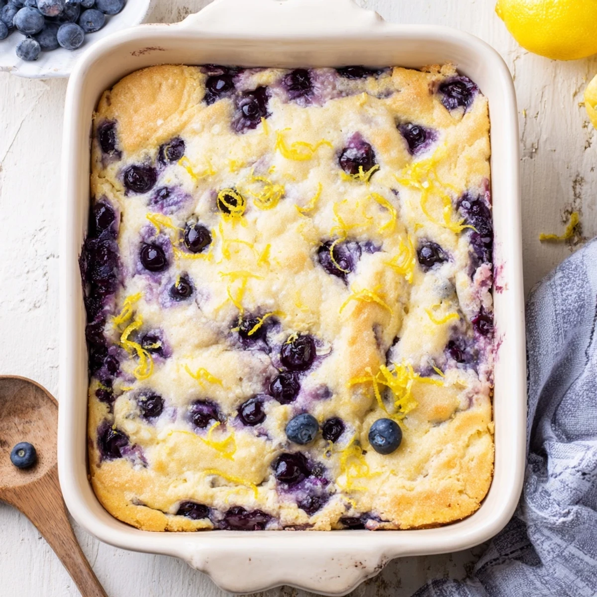 Golden lemon blueberry cheesecake dump cake with bubbling fruit layers and creamy cheesecake swirled throughout