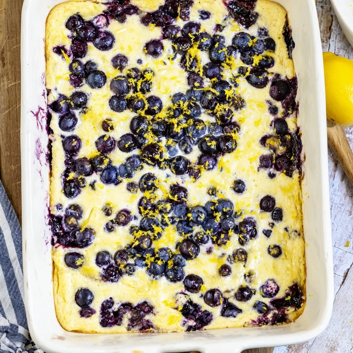 Spoon lifting warm lemon blueberry cheesecake dump cake with juicy blueberry filling and smooth cream cheese swirls