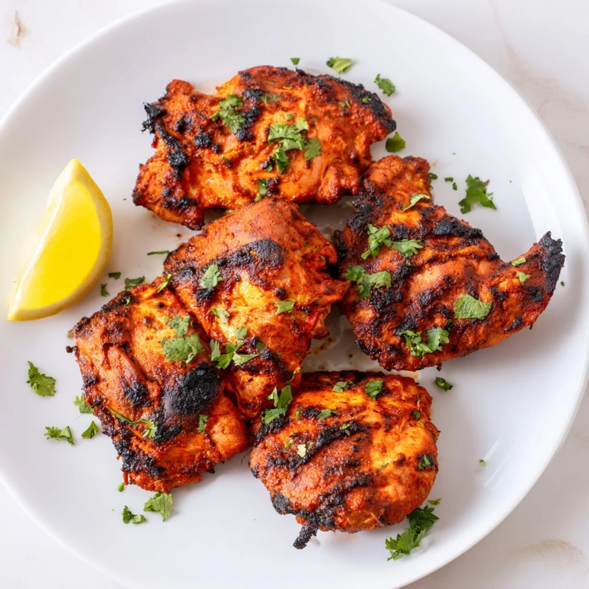 Tender grilled tandoori chicken with charred edges and vibrant red spice marinade