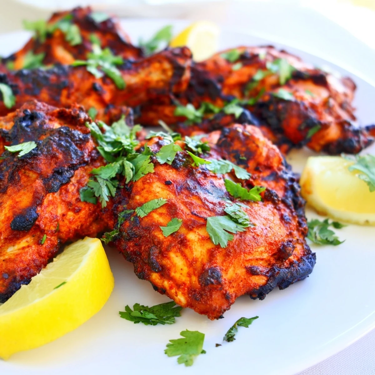 Savory Indian spiced chicken thighs fresh off the grill with lemon wedges