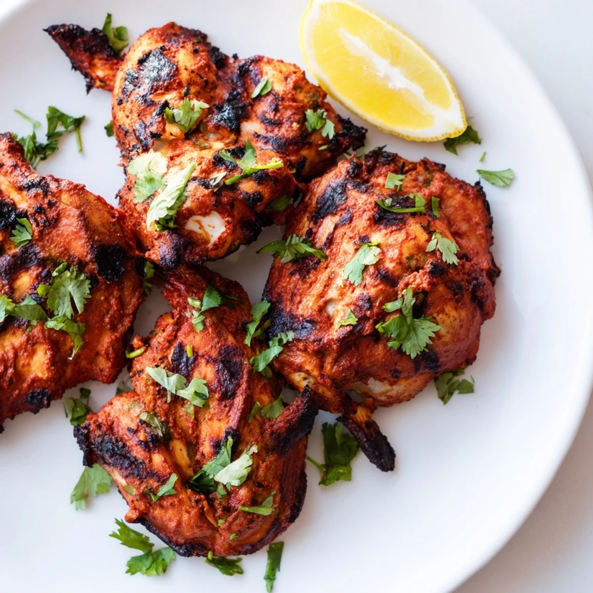 Golden brown yogurt-marinated tandoori chicken garnished with fresh cilantro on a plate