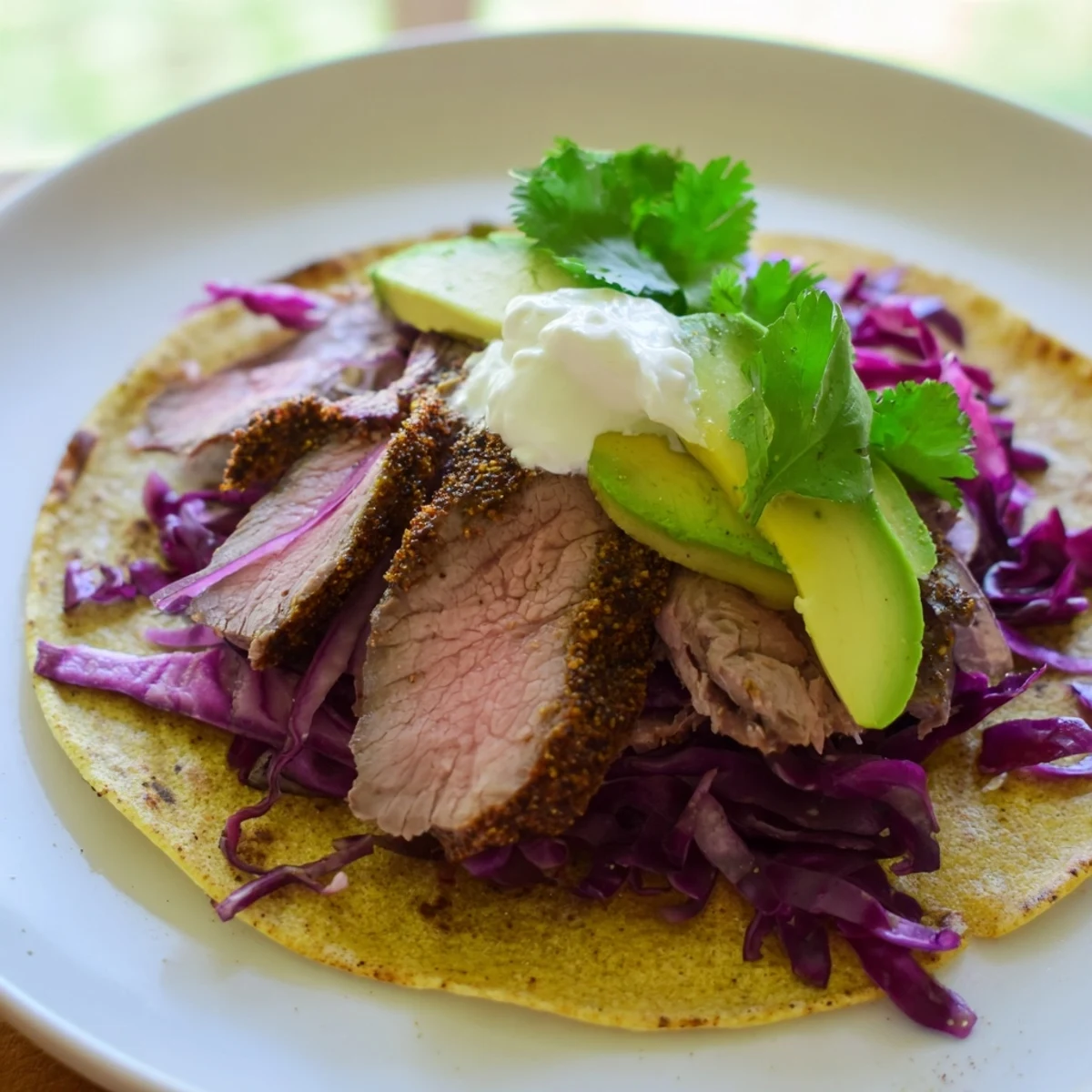 Succulent cumin crusted leg of lamb tacos topped with fresh avocado and cilantro