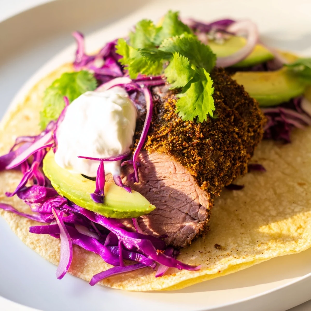 Spiced roasted leg of lamb sliced into warm tortillas with crunchy cabbage slaw