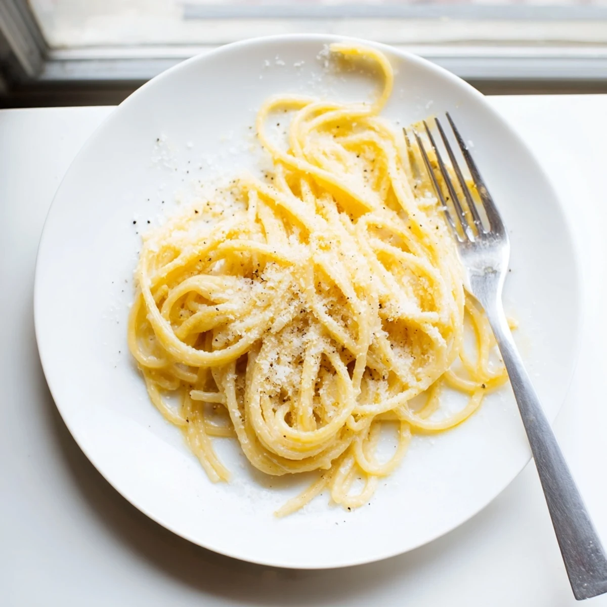 Creamy Cacio e Pepe pasta coated in silky Pecorino Romano sauce with generous black pepper crystals