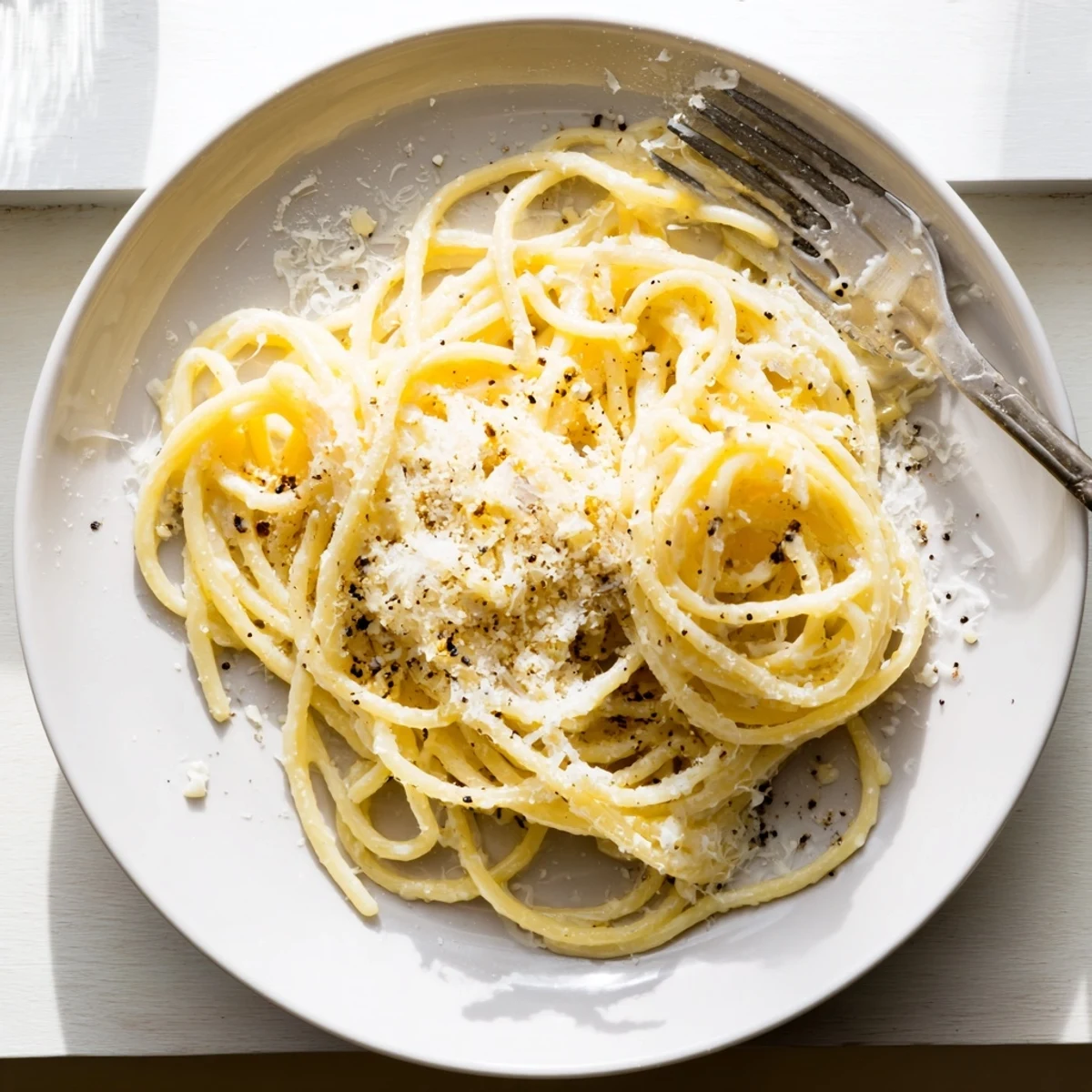 Al dente Cacio e Pepe Roman pasta with golden peppery coating served on white ceramic plate