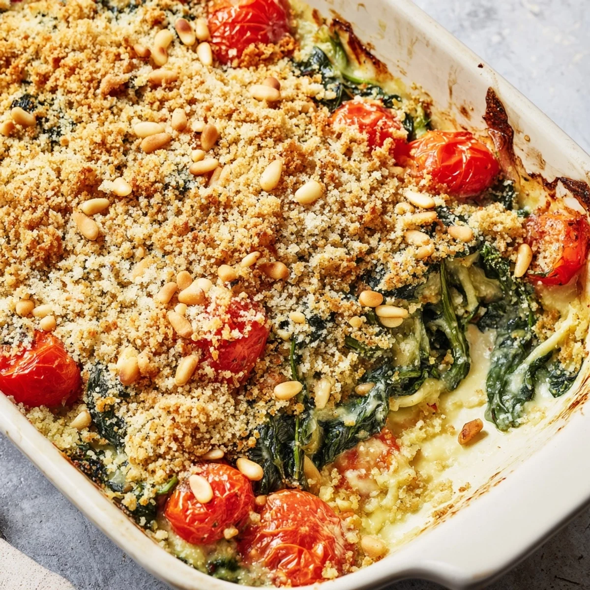 Vegetarian Mediterranean casserole featuring juicy cherry tomatoes wilted spinach and toasted pine nuts in cream