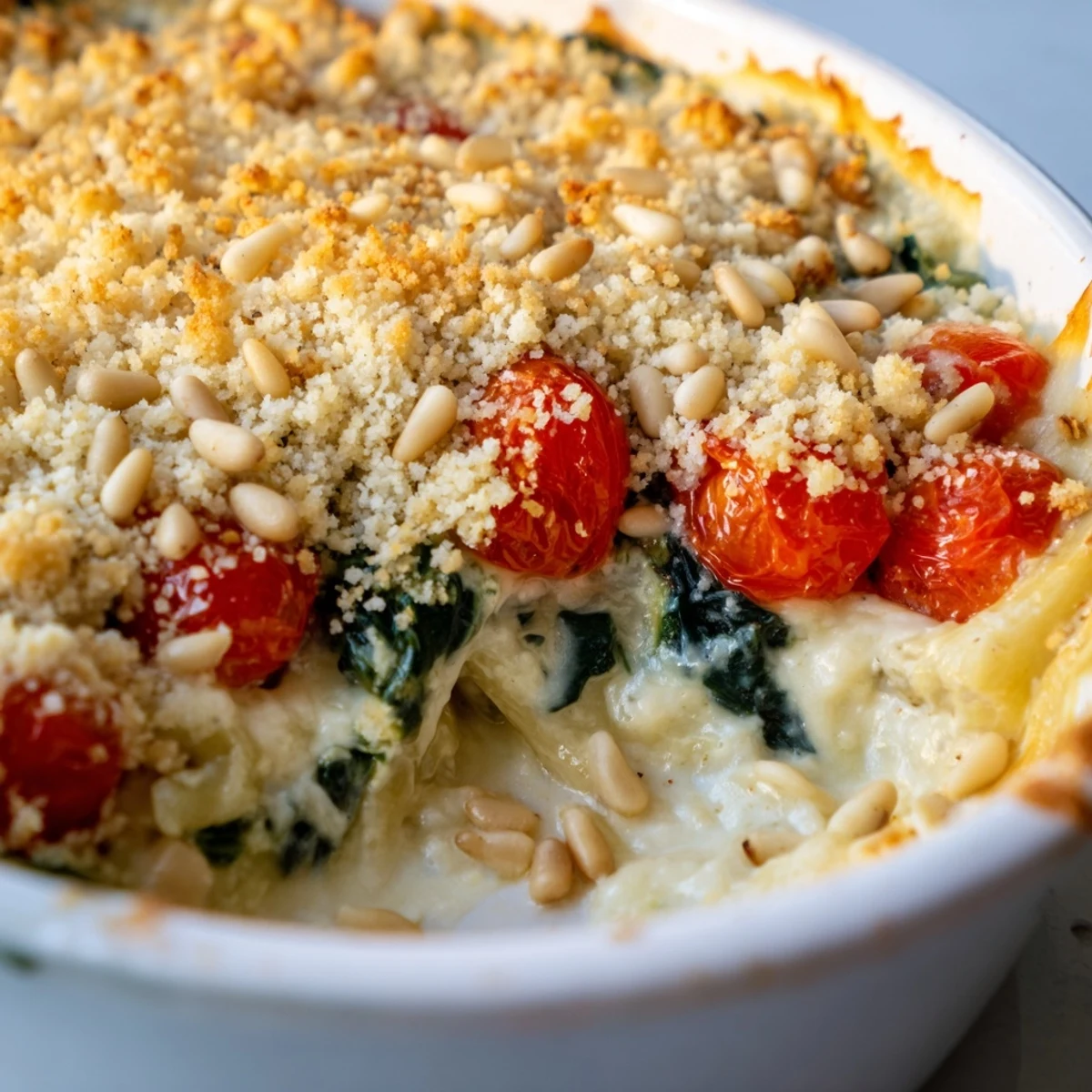Golden creamy tomato spinach pine nut bake fresh from the oven with bubbling cheese topping