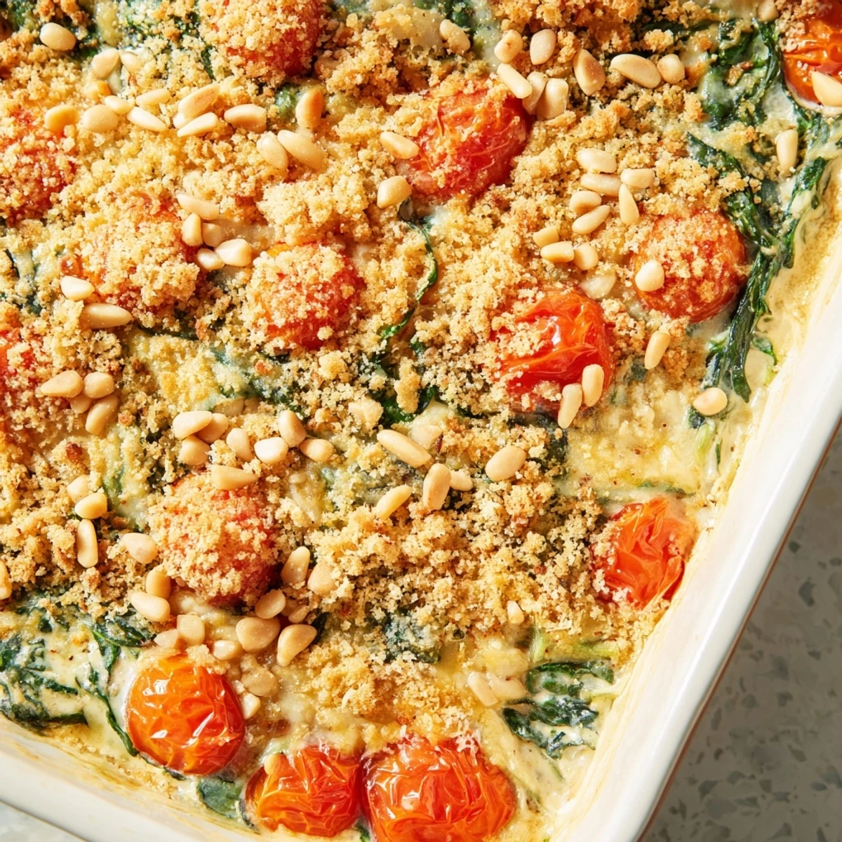 Sliced creamy tomato spinach and pine nut bake served on white plate with golden crust