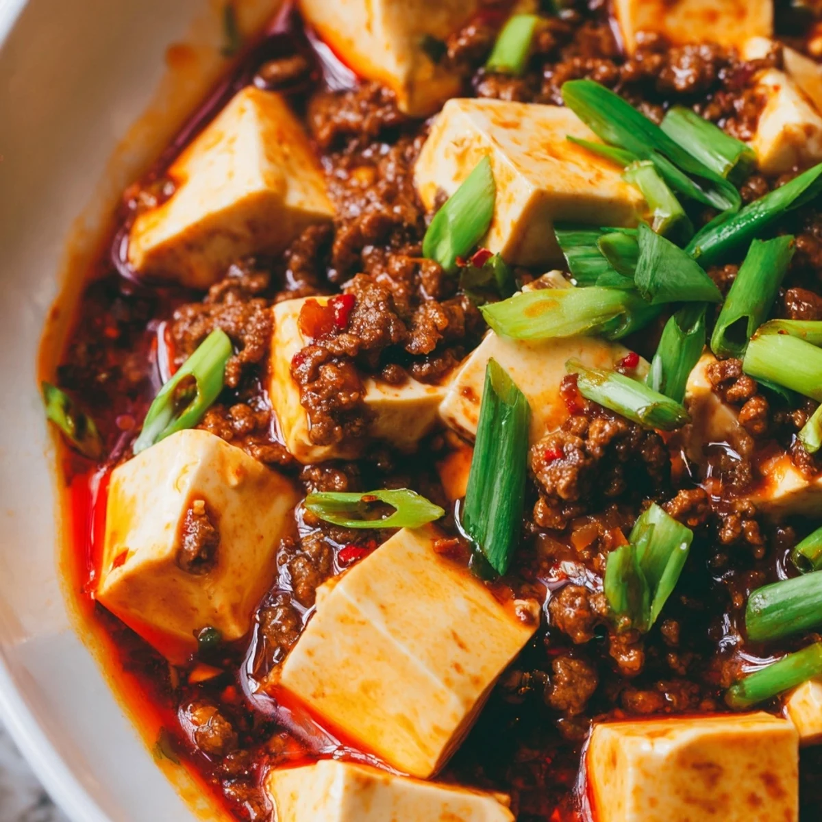 Rustic Mapo Tofu plated with fluffy white rice and garnish of fresh scallions