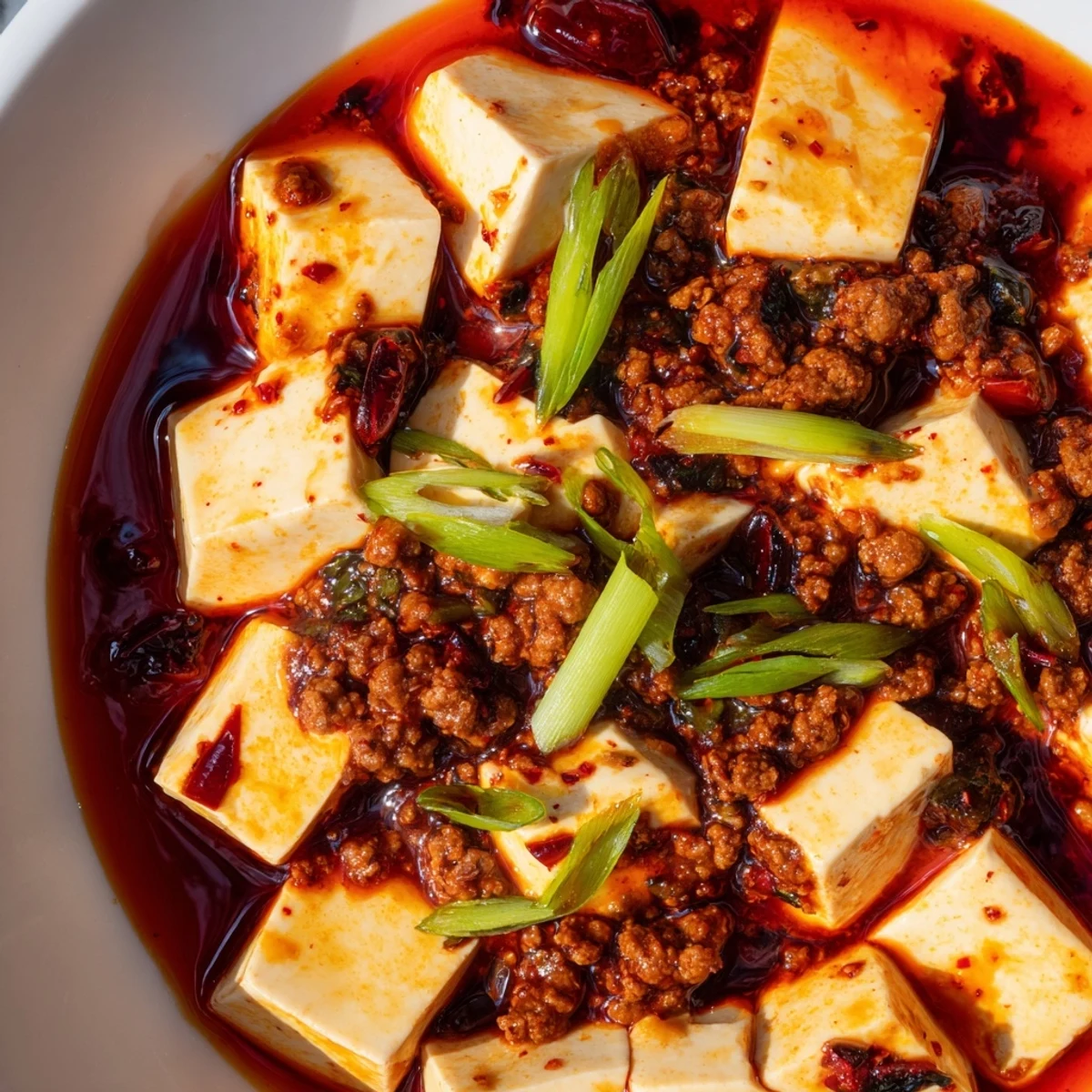 Close-up of Mapo Tofu showcasing numbing Sichuan peppercorn sauce and tender tofu cubes