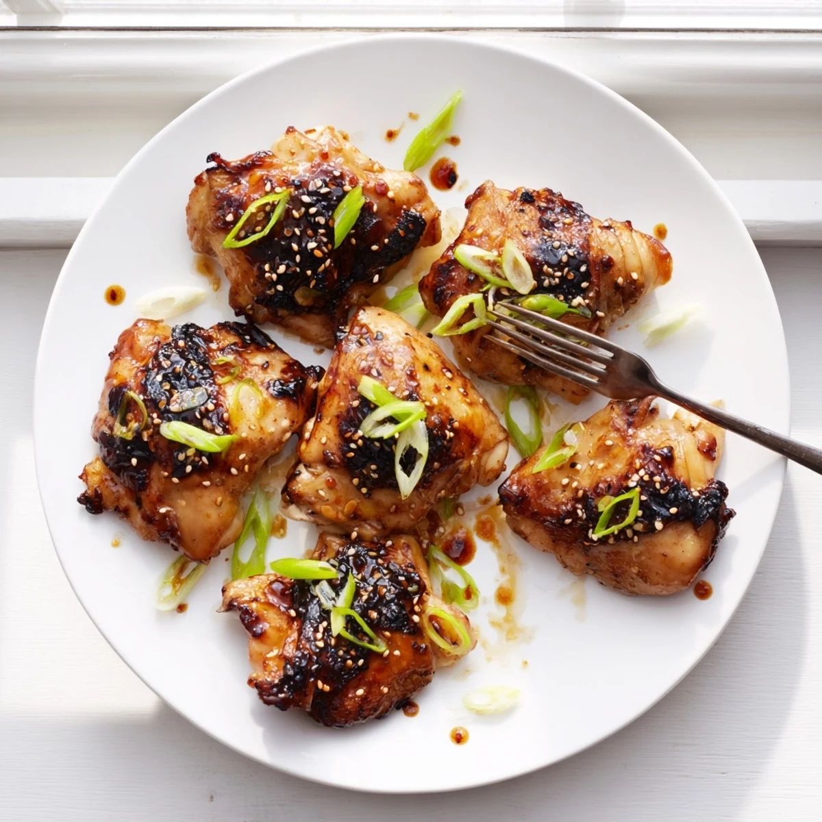 Golden roasted Five Spice Chicken thighs with crispy glazed skin and scallion garnish