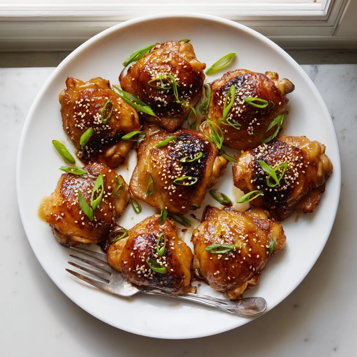 Caramelized Five Spice Chicken drumsticks with sesame seeds served over fluffy steamed rice