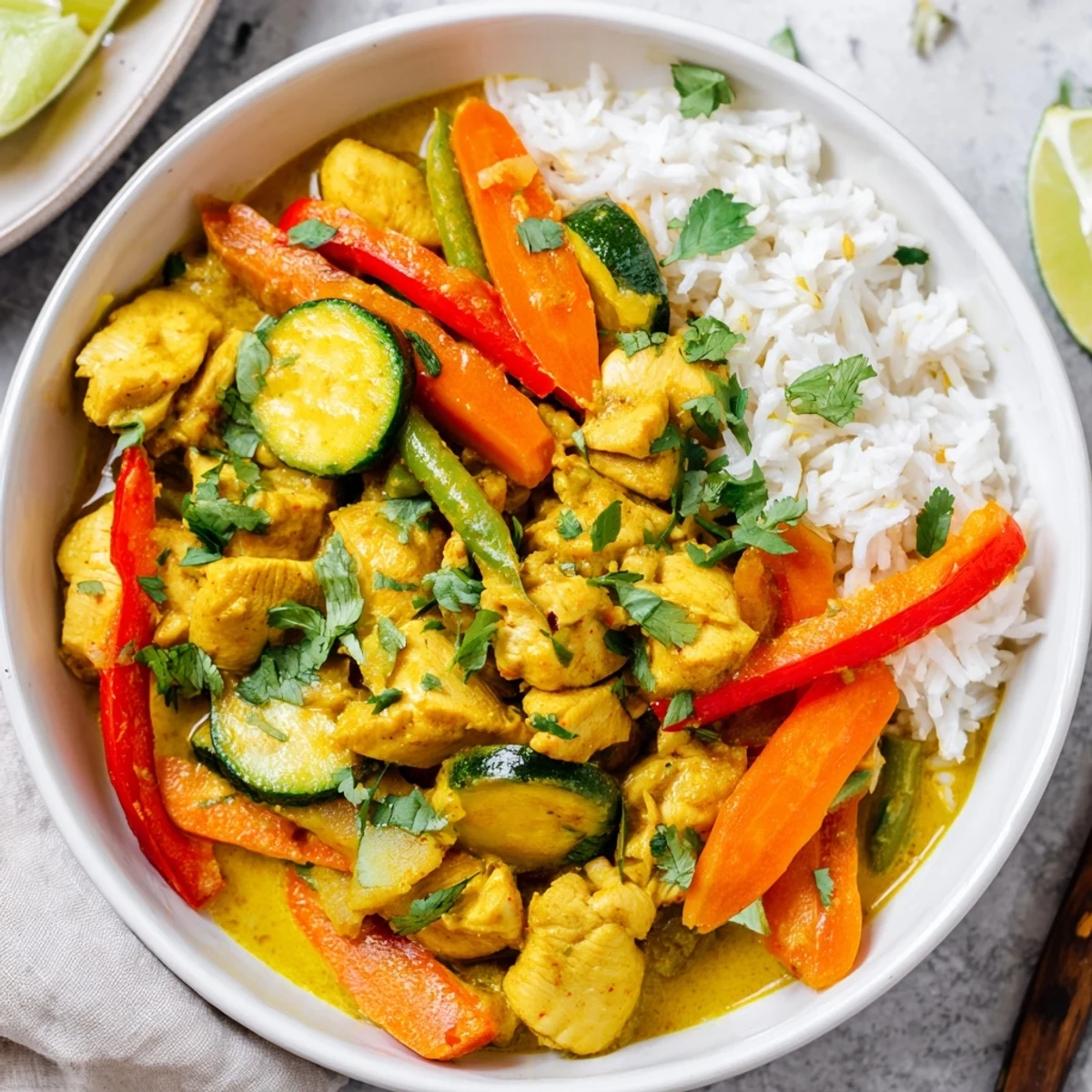 Creamy Thai yellow jungle chicken curry simmered with tender chicken, bell peppers, and zucchini in coconut sauce