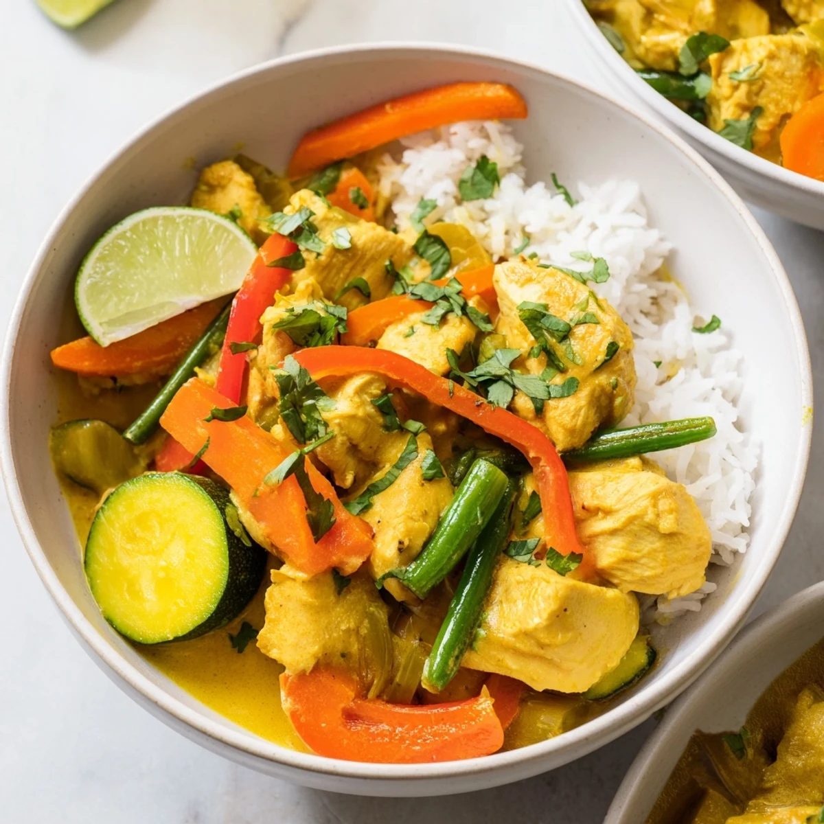 Golden yellow jungle chicken curry served in a white bowl with colorful vegetables and fresh cilantro garnish