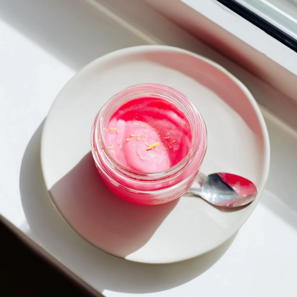 Creamy pink lemon curd spread generously on a freshly baked scone for afternoon tea