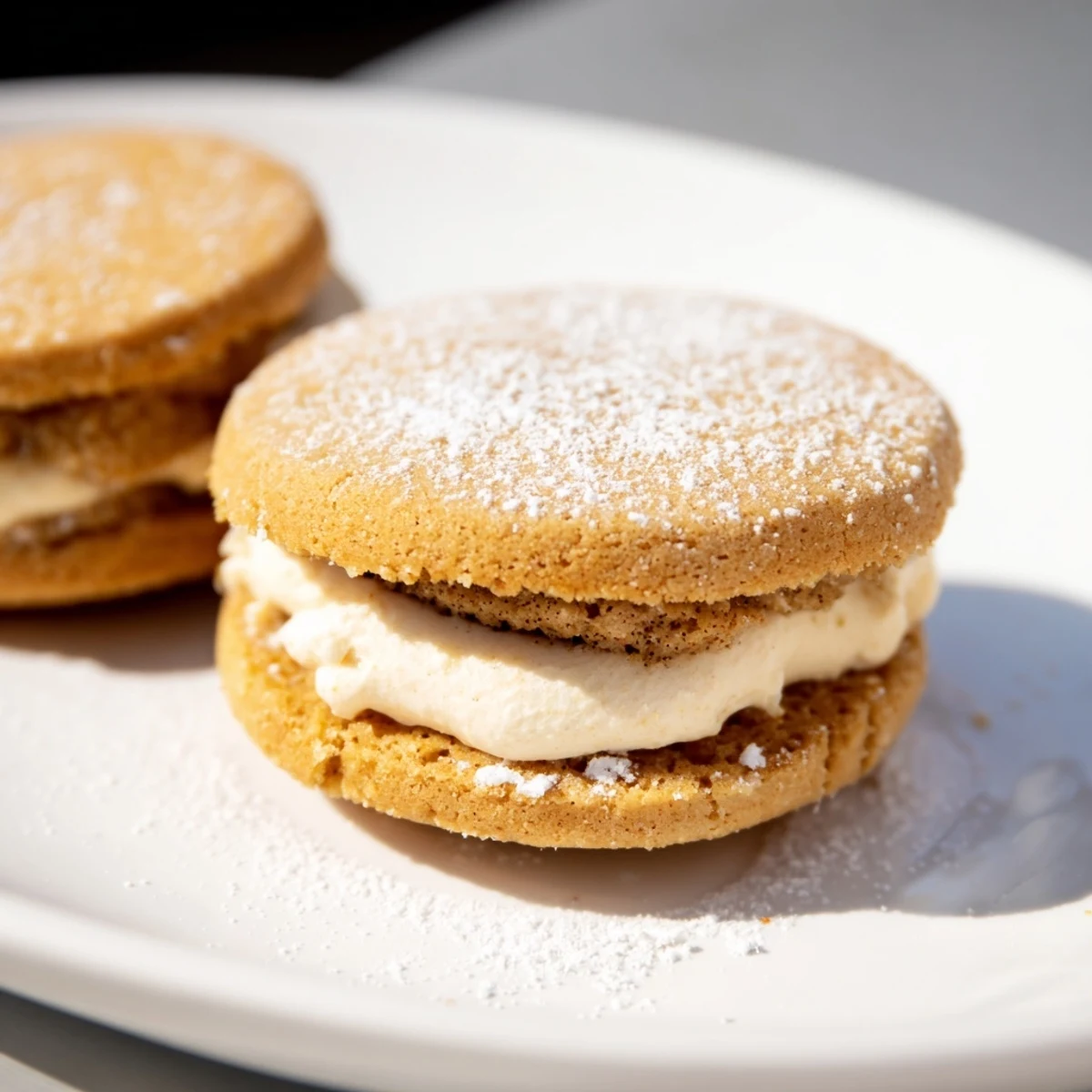 Close-up of chai shortbread cookie sandwiches showing layers of golden cookies and white creamy filling