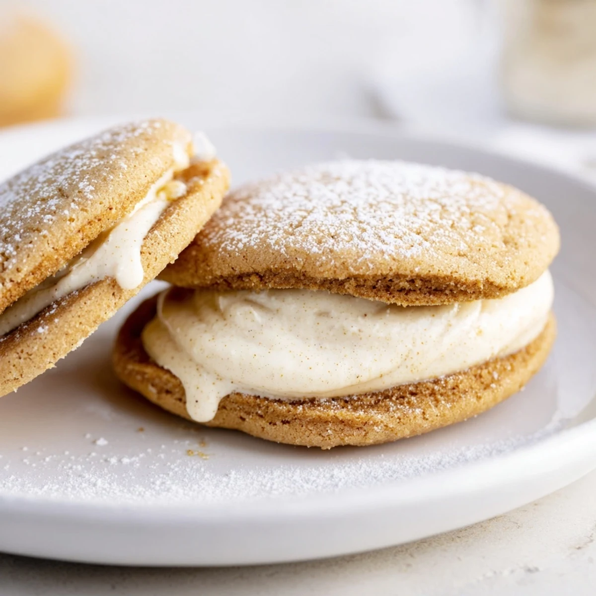 Buttery chai shortbread cookie sandwiches filled with aromatic chai-spiced cream atop a marble serving board