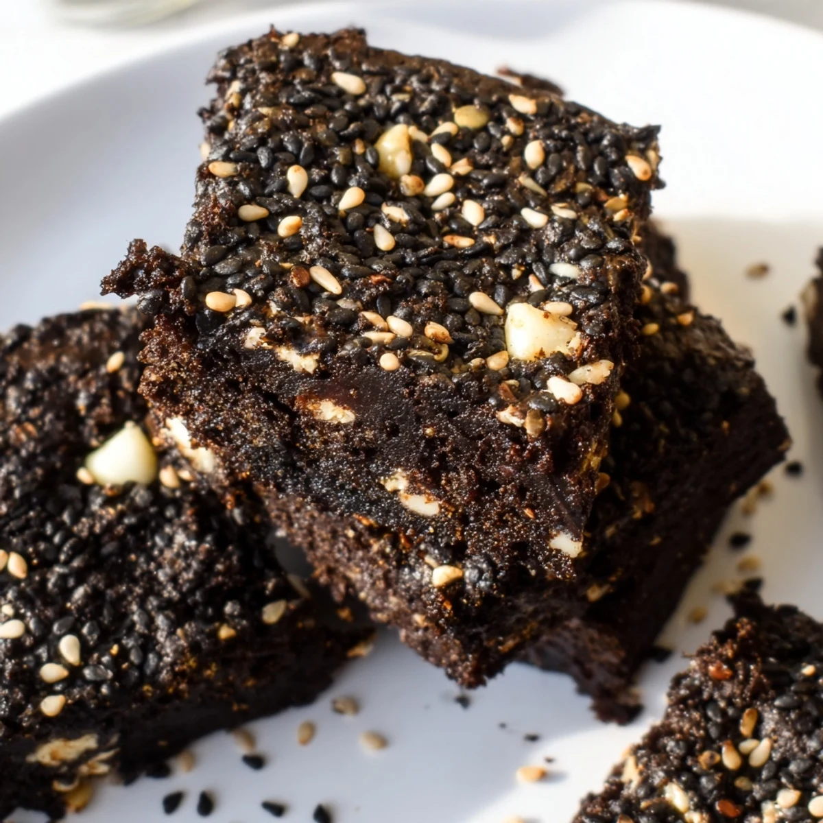 Chewy black sesame blondies topped with toasted sesame seeds on a white plate
