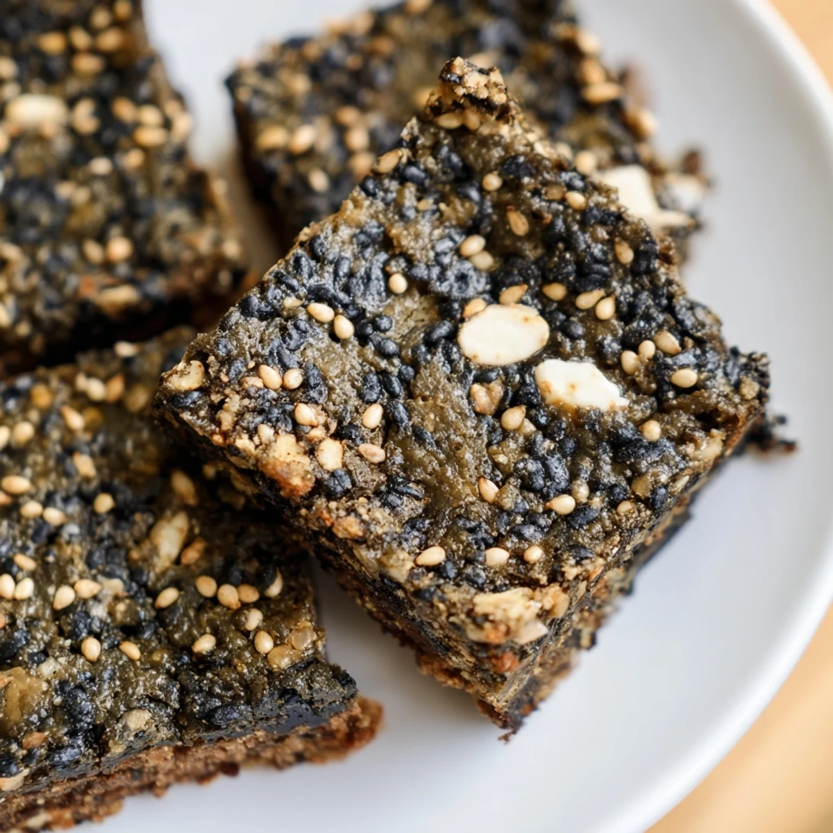 Golden black sesame blondies featuring a marbled gray swirl and nutty aroma