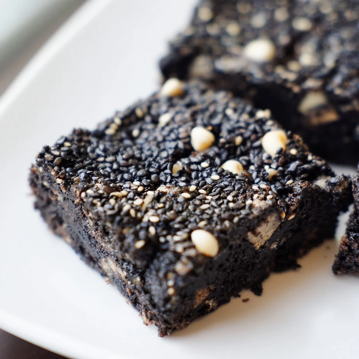 Buttery black sesame blondies cut into squares with speckled sesame seed topping