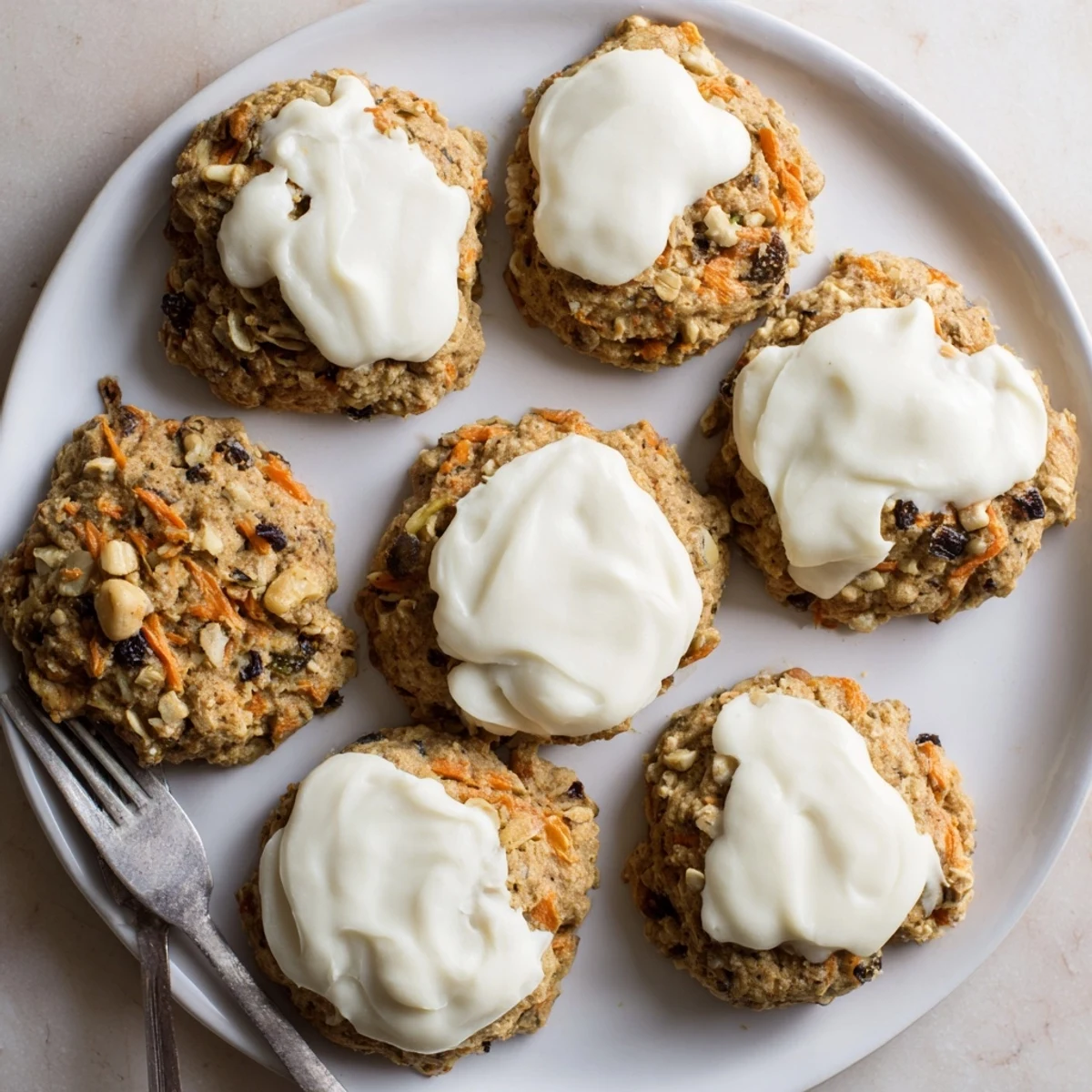 Homemade carrot cake cookies with sweet cream cheese frosting and visible shredded carrot bits