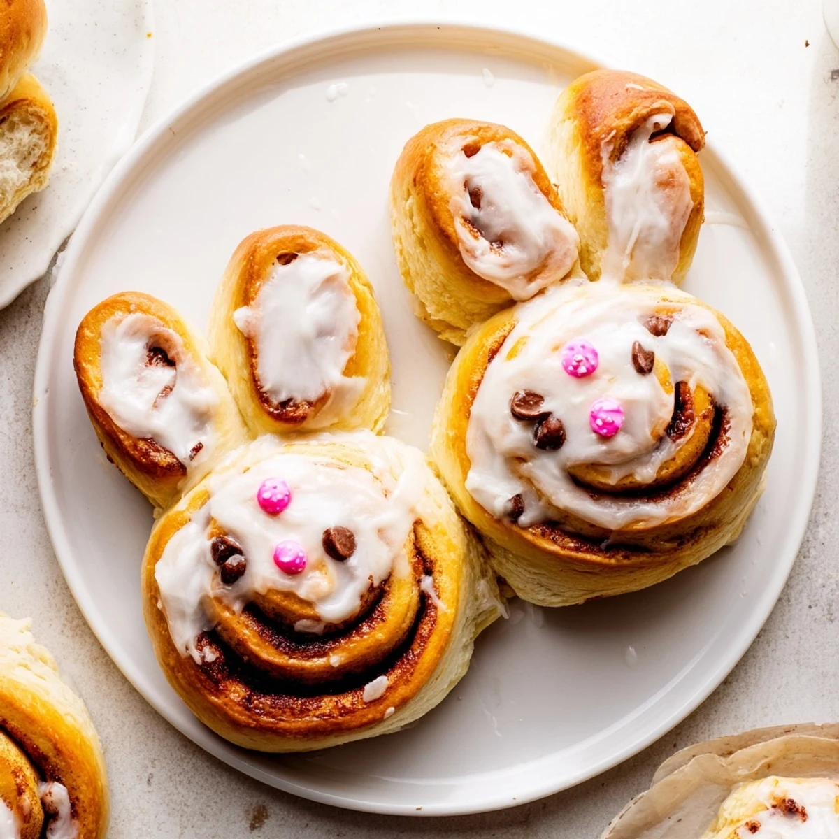Fluffy golden Easter Bunny cinnamon rolls with white icing and cute ear shapes arranged on a baking sheet