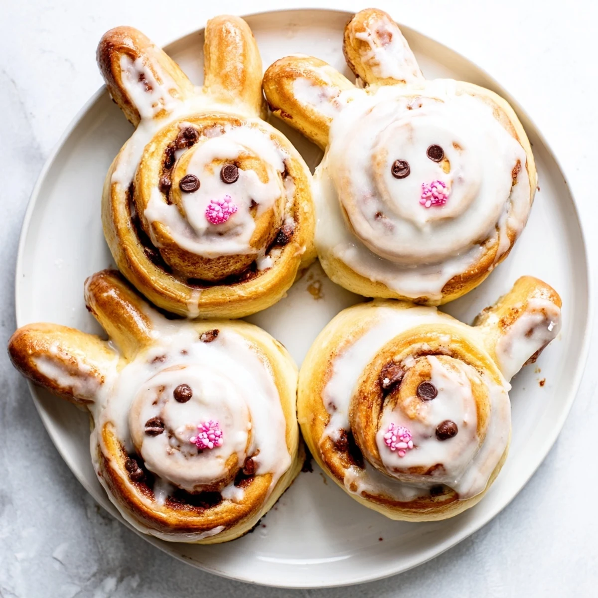 Warm homemade Easter Bunny cinnamon rolls featuring spiraled dough cinnamon filling and decorative chocolate chip eyes