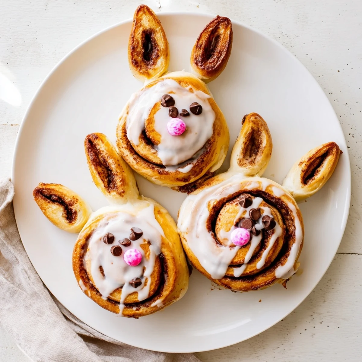 Freshly baked Easter Bunny cinnamon rolls drizzled with sweet vanilla icing and topped with pink sprinkle noses