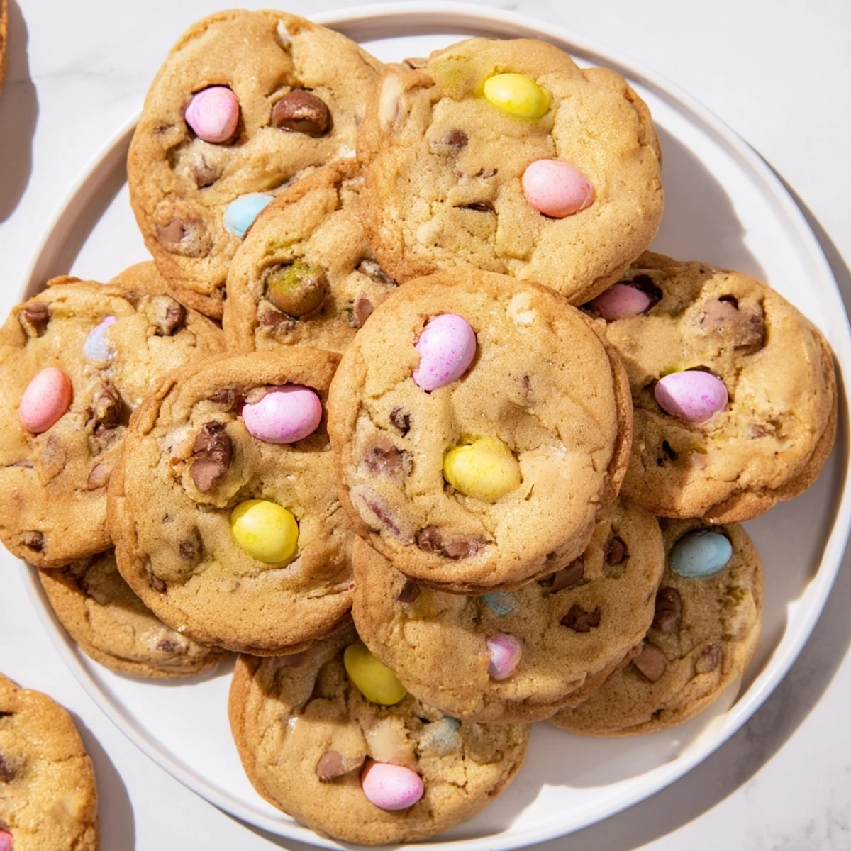 Golden mini egg cookies studded with colorful chocolate eggs on a white baking sheet