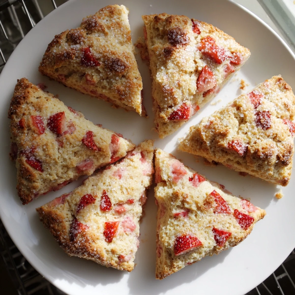Golden homemade strawberry scones scattered with coarse sugar on a white wire rack