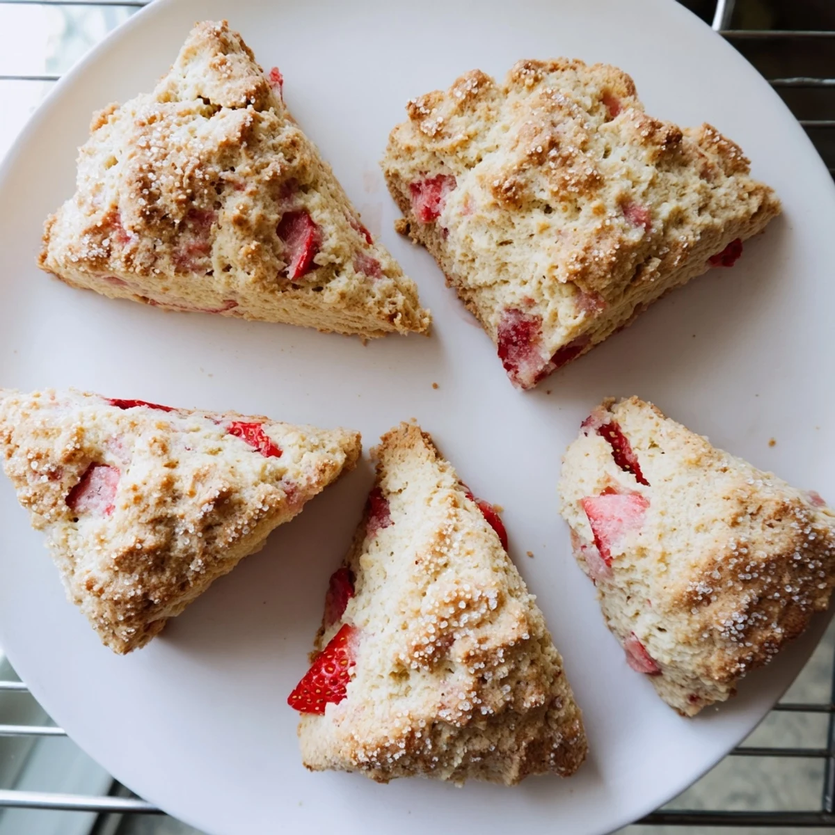 Flaky triangular pastry oozing ruby red strawberry pieces on a rustic wooden board