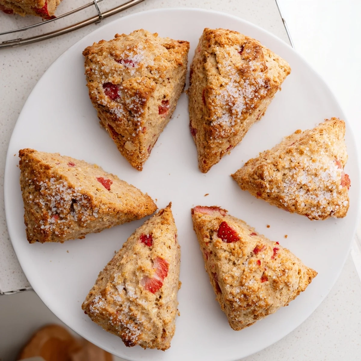 Fresh baked strawberry scones cooling on parchment with cream brushed golden tops