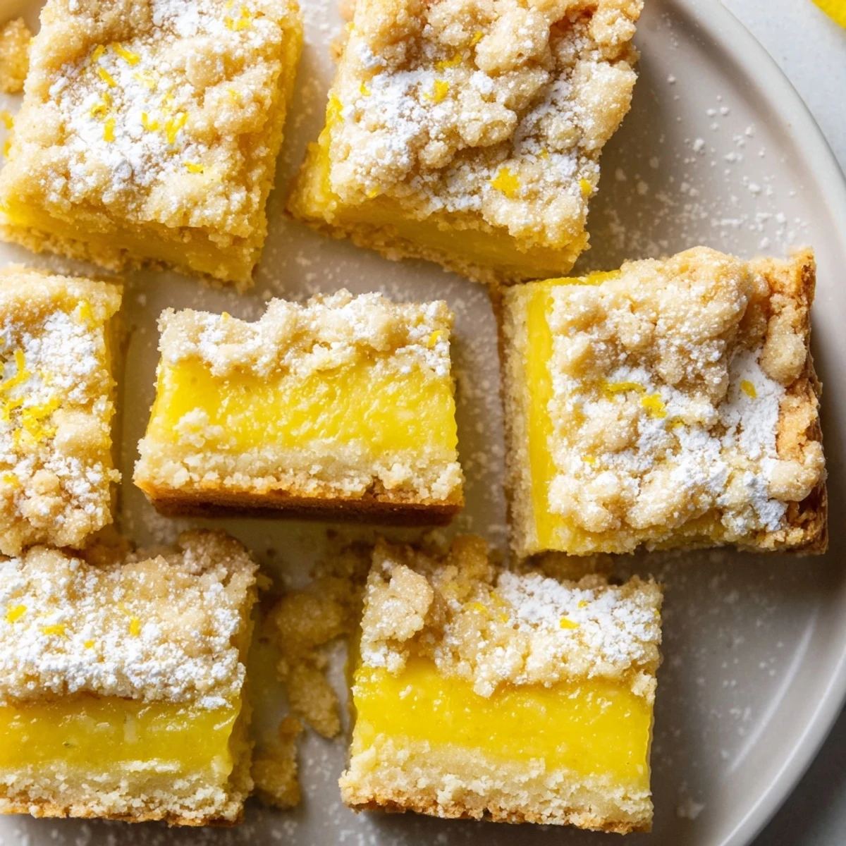 Golden lemon crumb bars cut into squares on a white serving plate with powdered sugar dusting