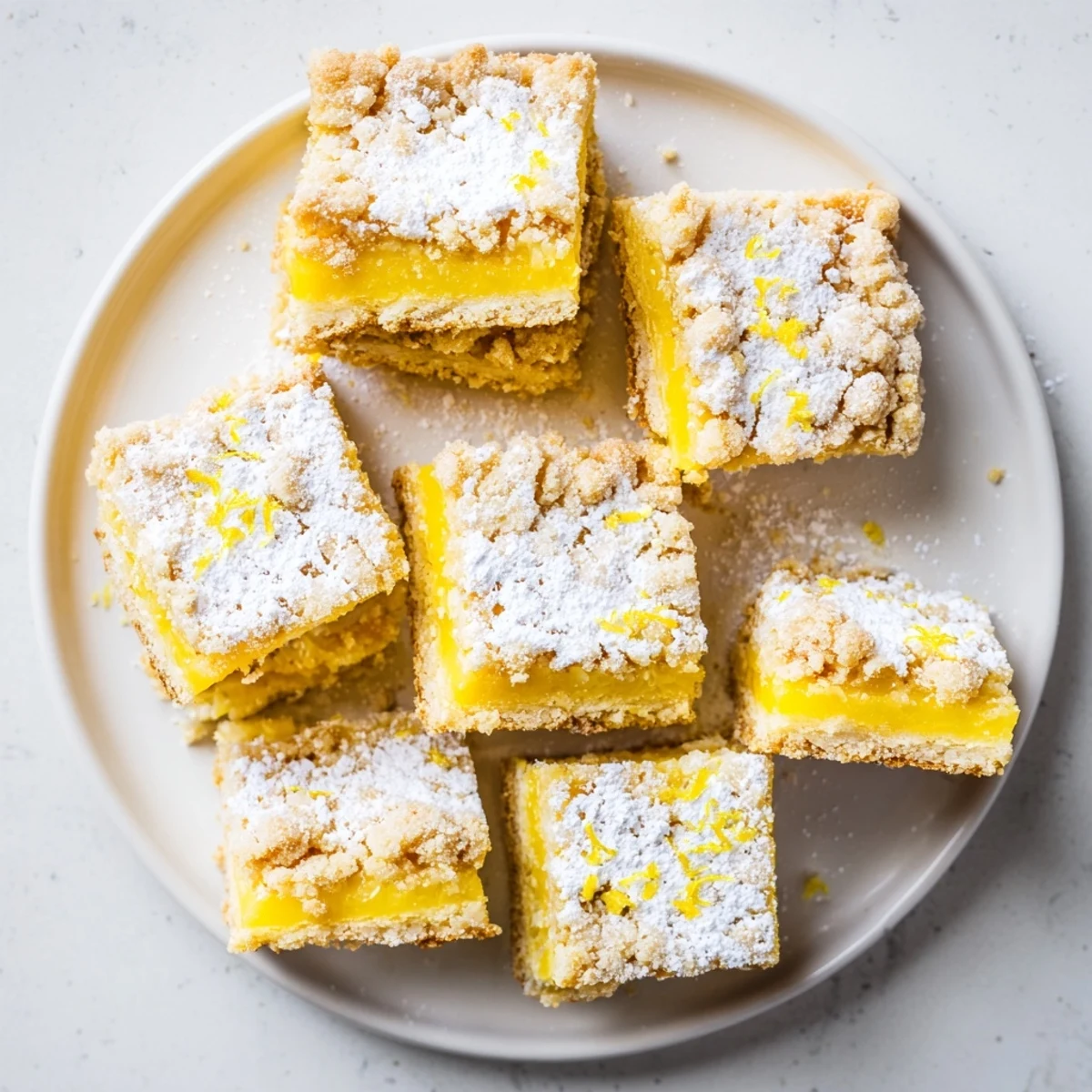 Buttery crumb topped lemon bars featuring bright yellow filling and rustic oat textured crust layers
