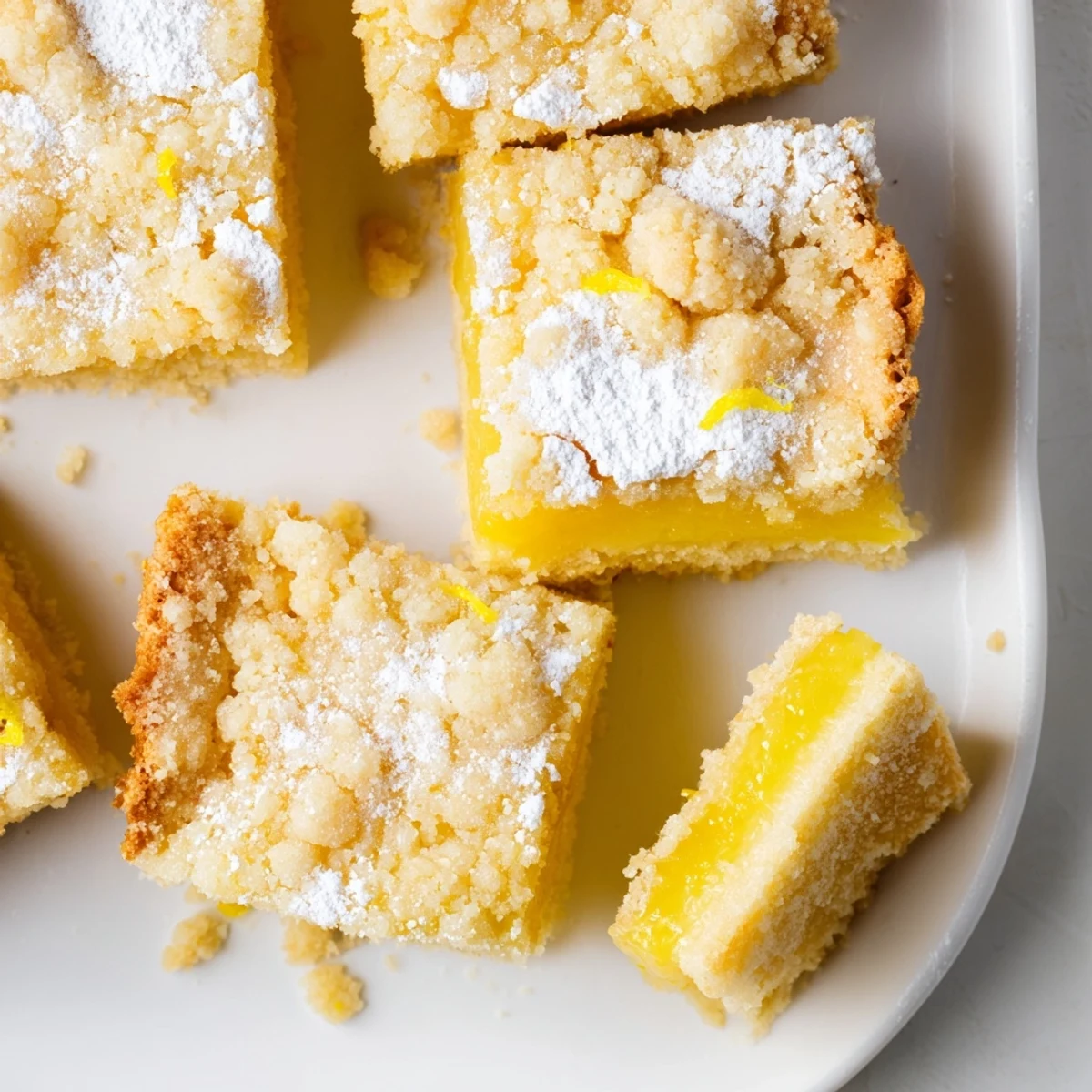 Homemade lemon crumb bars with tangy custard style filling sandwiched between crisp buttery shortbread crumbs