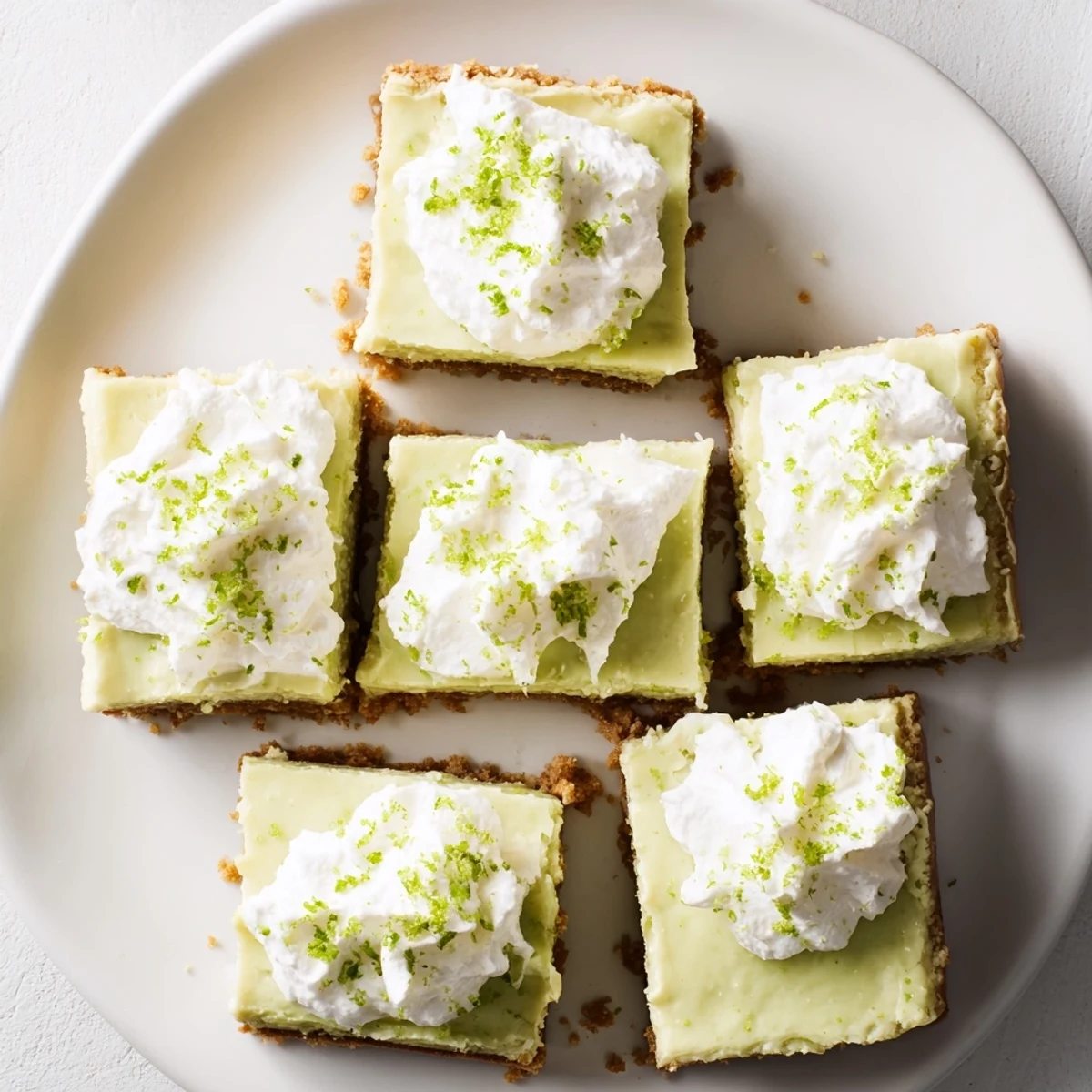 Tangy Key Lime Pie Bars sliced into squares with graham cracker base and fresh lime zest garnish