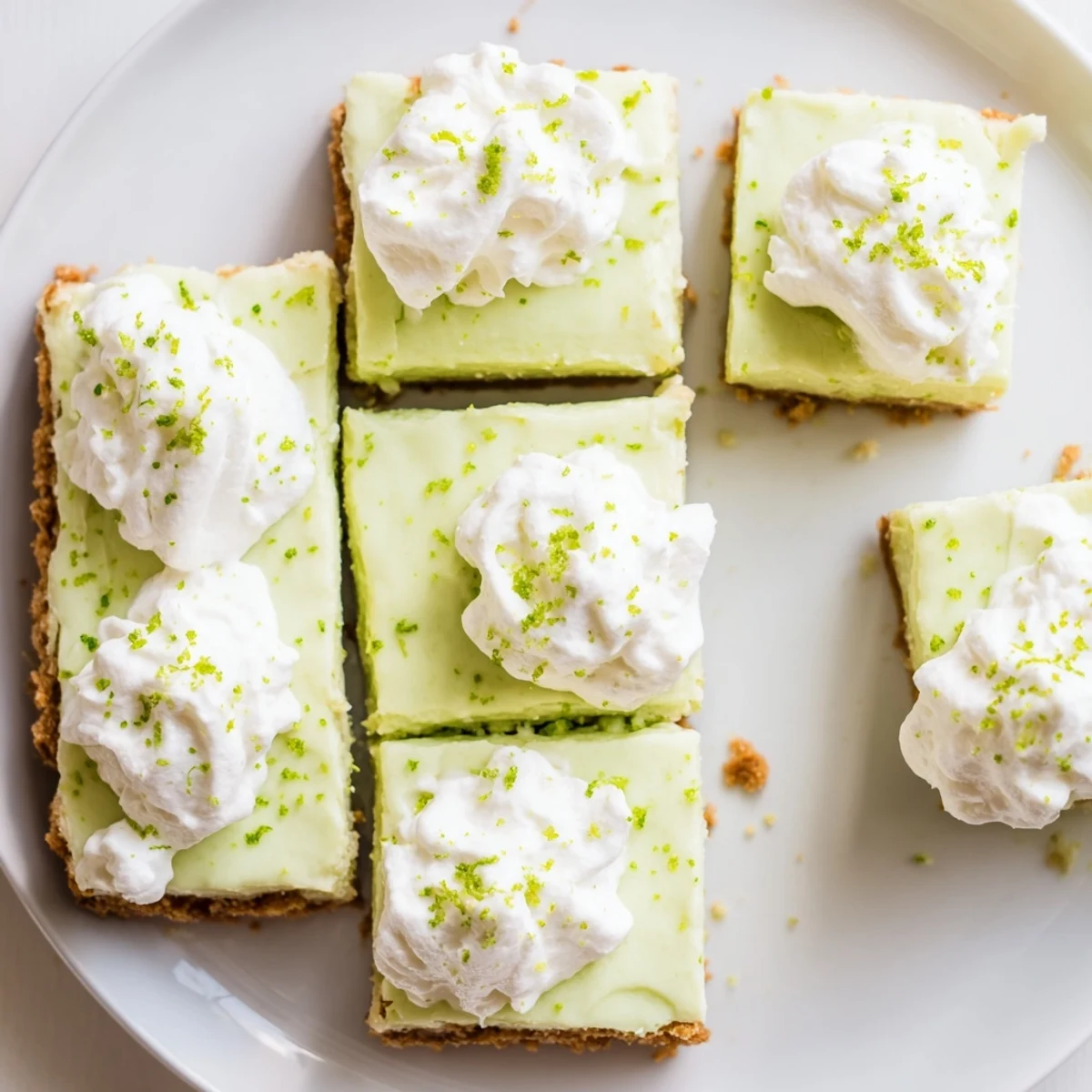 Creamy Key Lime Pie Bars display a buttery crust supporting smooth lime custard topped with white whipped cream