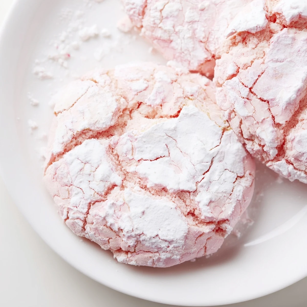Soft pastel springtime crinkle cookies coated in white powdered sugar on a white plate