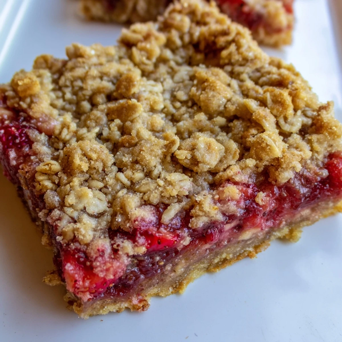 Golden strawberry oatmeal crumble bars featuring bubbling fruit filling and buttery textured topping