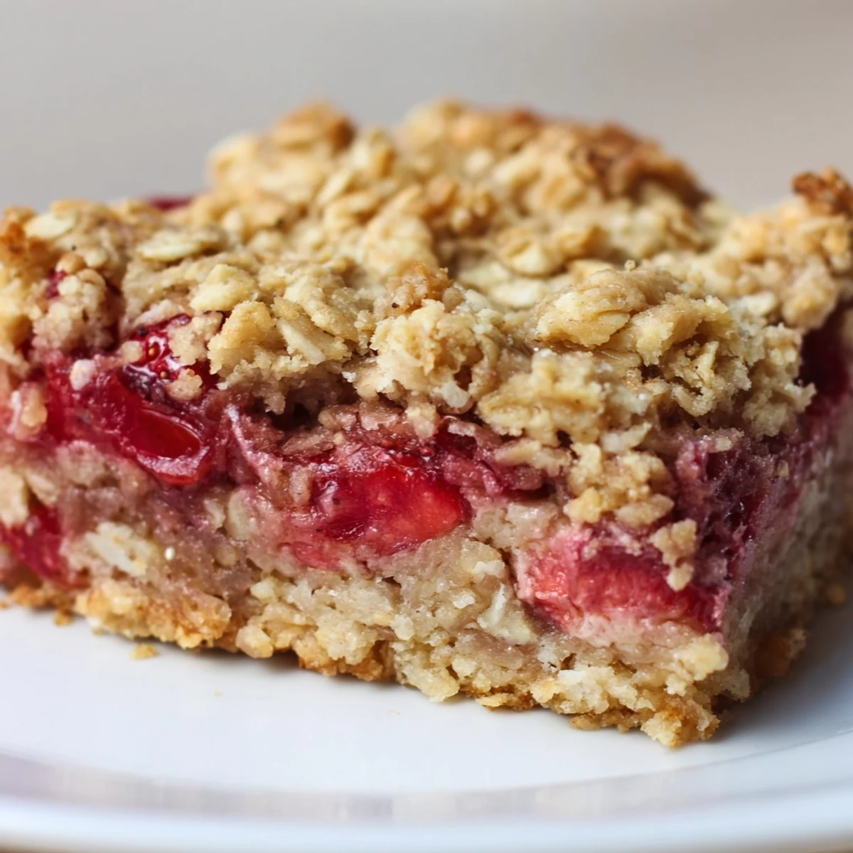 Homemade strawberry oatmeal crumble bars with crispy oat crumble over juicy glazed strawberries