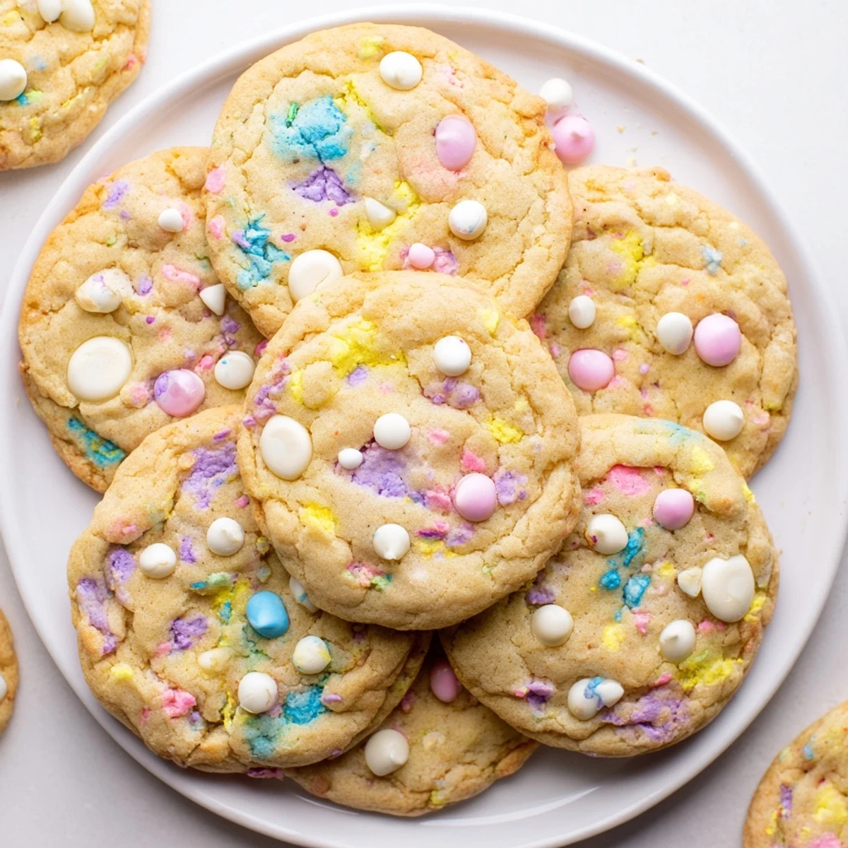 Soft golden Easter Funfetti cookies stacked on a white plate with colorful sprinkles visible throughout the chewy buttery dough