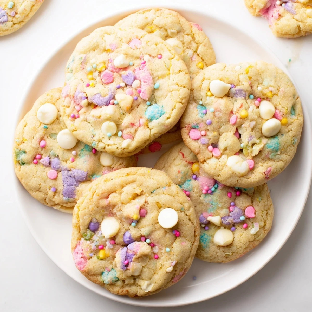 Close-up of freshly baked Easter Funfetti cookies featuring pastel rainbow jimmies and crisp edges on a rustic wooden board