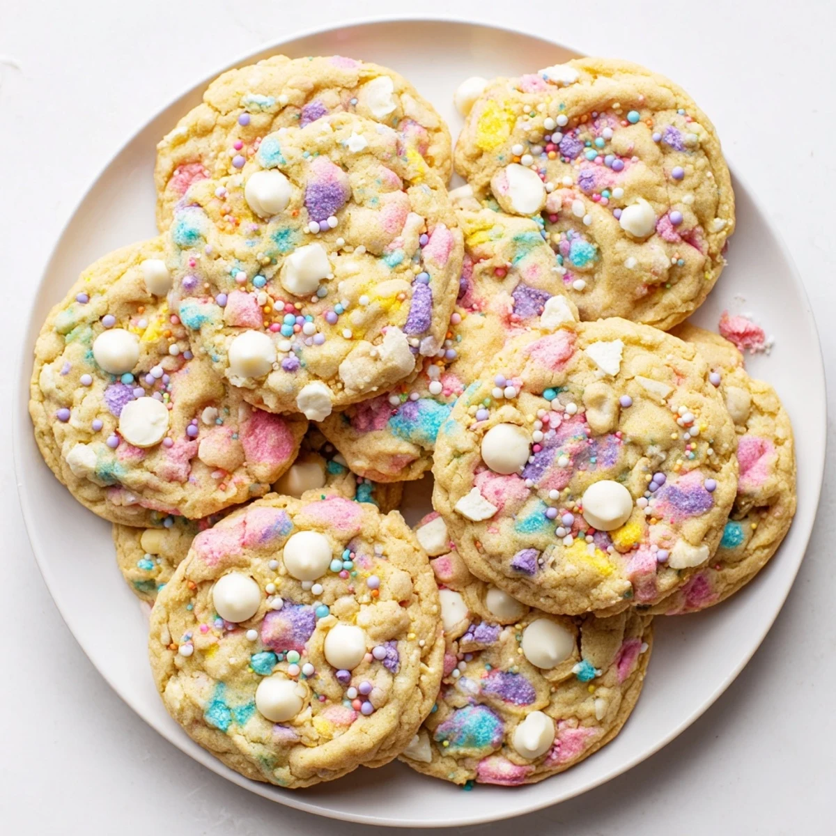 A batch of warm Easter Funfetti cookies cooling on a wire rack with melted white chocolate chips and vibrant spring-colored sprinkles