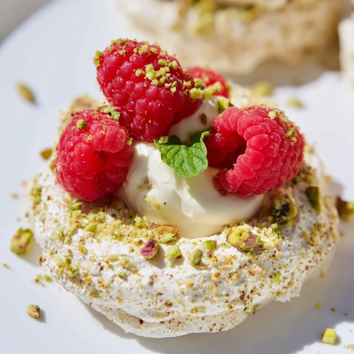 Golden pistachio meringue nests filled with sweetened whipped cream and topped with vibrant fresh raspberries