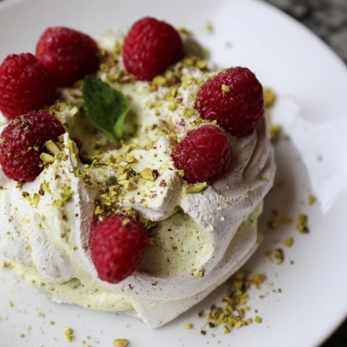 Delicate crisp meringue cookies flavored with ground pistachios and piled high with fluffy cream and tart red berries