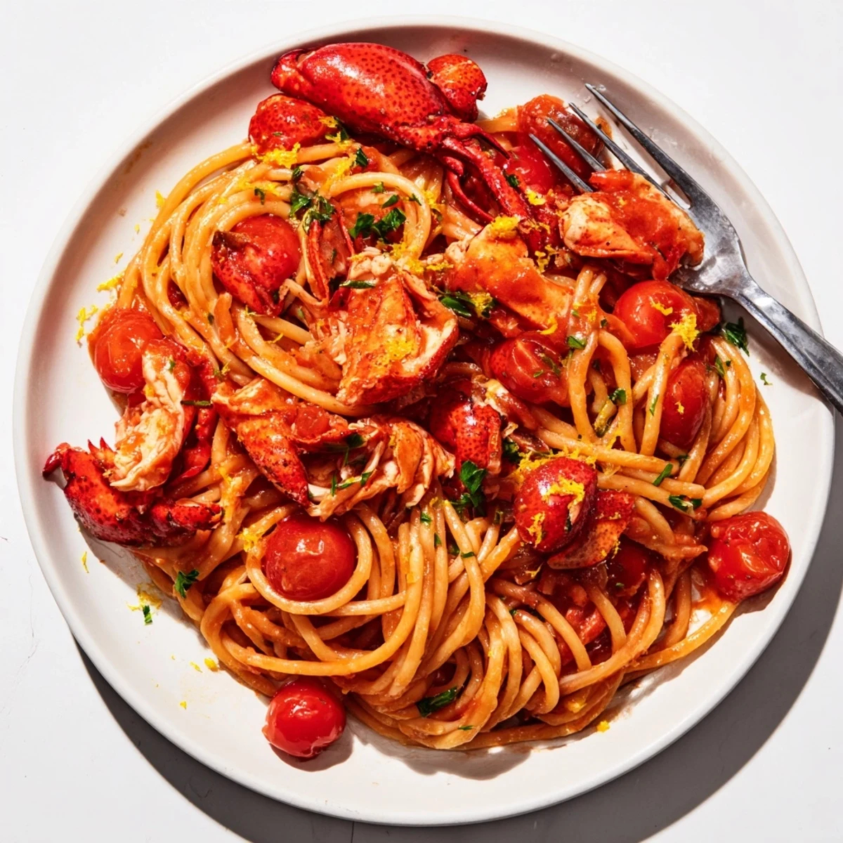 Golden lobster bucatini pasta coated in rich garlic tomato wine sauce with fresh parsley garnish