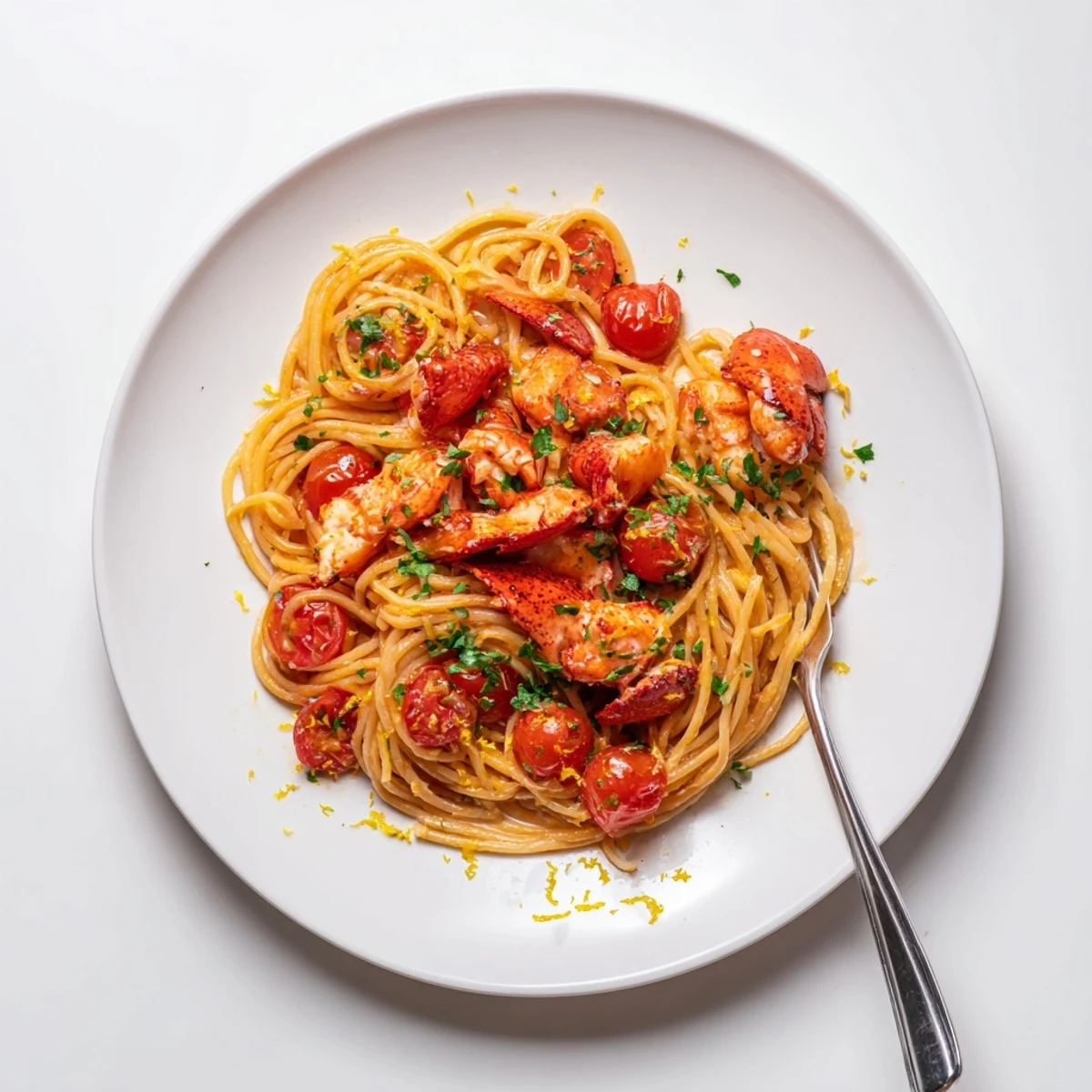 Twisted bucatini pasta tossed with succulent lobster chunks in a silky white wine tomato reduction