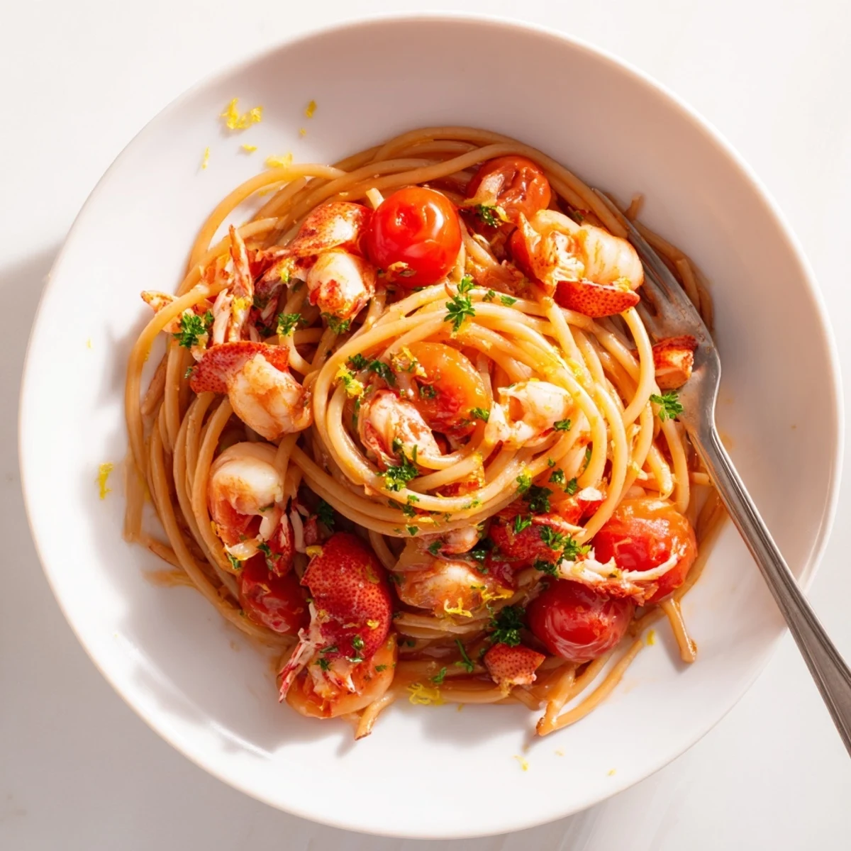 Plated lobster bucatini pasta featuring tender shellfish in a zesty lemon butter tomato sauce