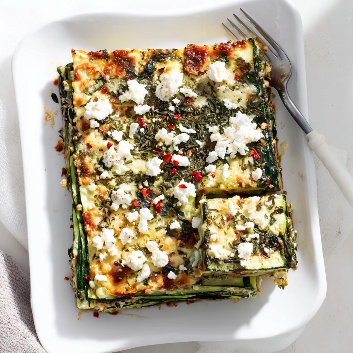 Mediterranean-style zucchini spinach and feta casserole fresh from the oven with golden melted cheese top
